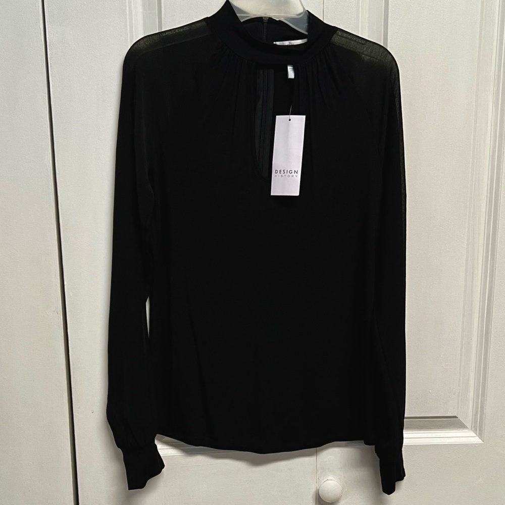 Design History Black Sheer-Panel Long Sleeve Mock Neck Top Size XS NWT